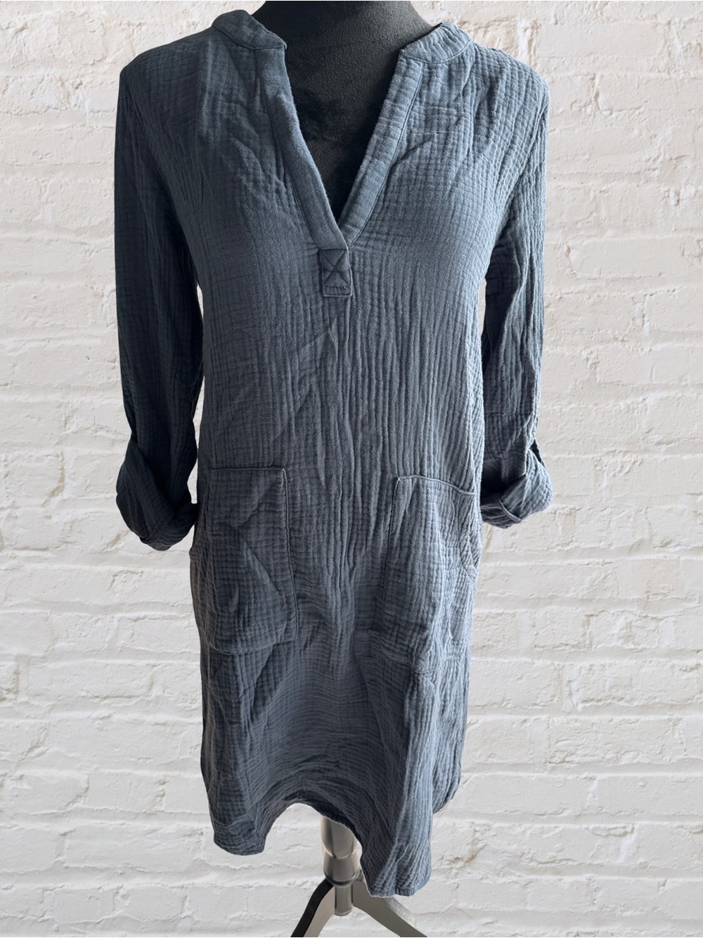 bobi Granite Split Neck Pocket Dress - Granite
